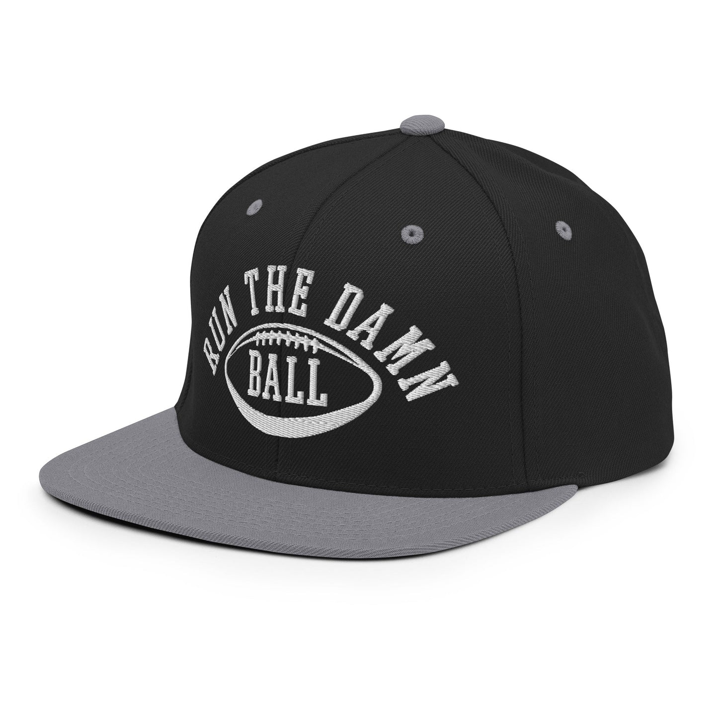 Run The Damn Ball Embroidered Flat Bill Brim Snapback Hat Black Silver