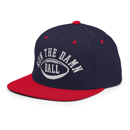 Run The Damn Ball Embroidered Flat Bill Brim Snapback Hat Navy Red