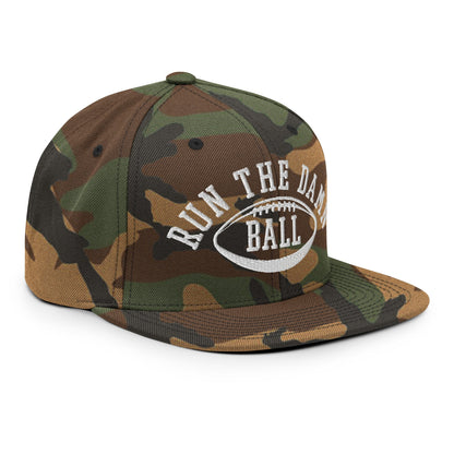 Run The Damn Ball Embroidered Flat Bill Brim Snapback Hat Green Camo