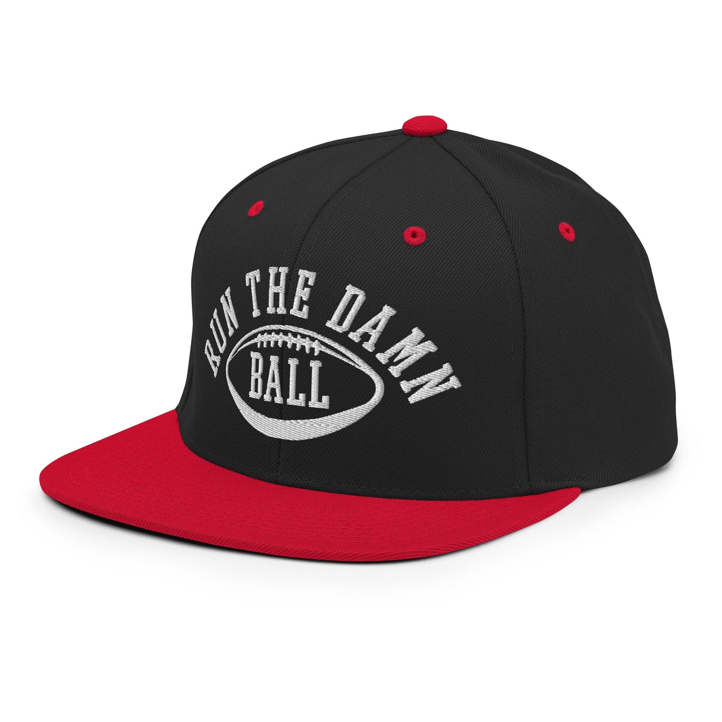 Run The Damn Ball Embroidered Flat Bill Brim Snapback Hat Black Red