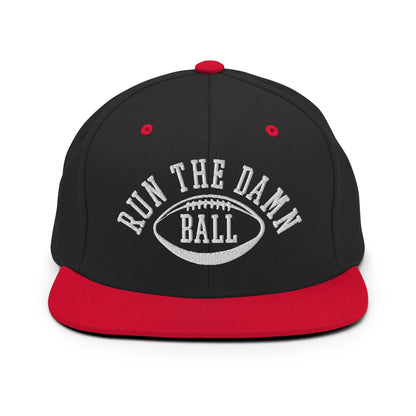 Run The Damn Ball Embroidered Flat Bill Brim Snapback Hat Black Red