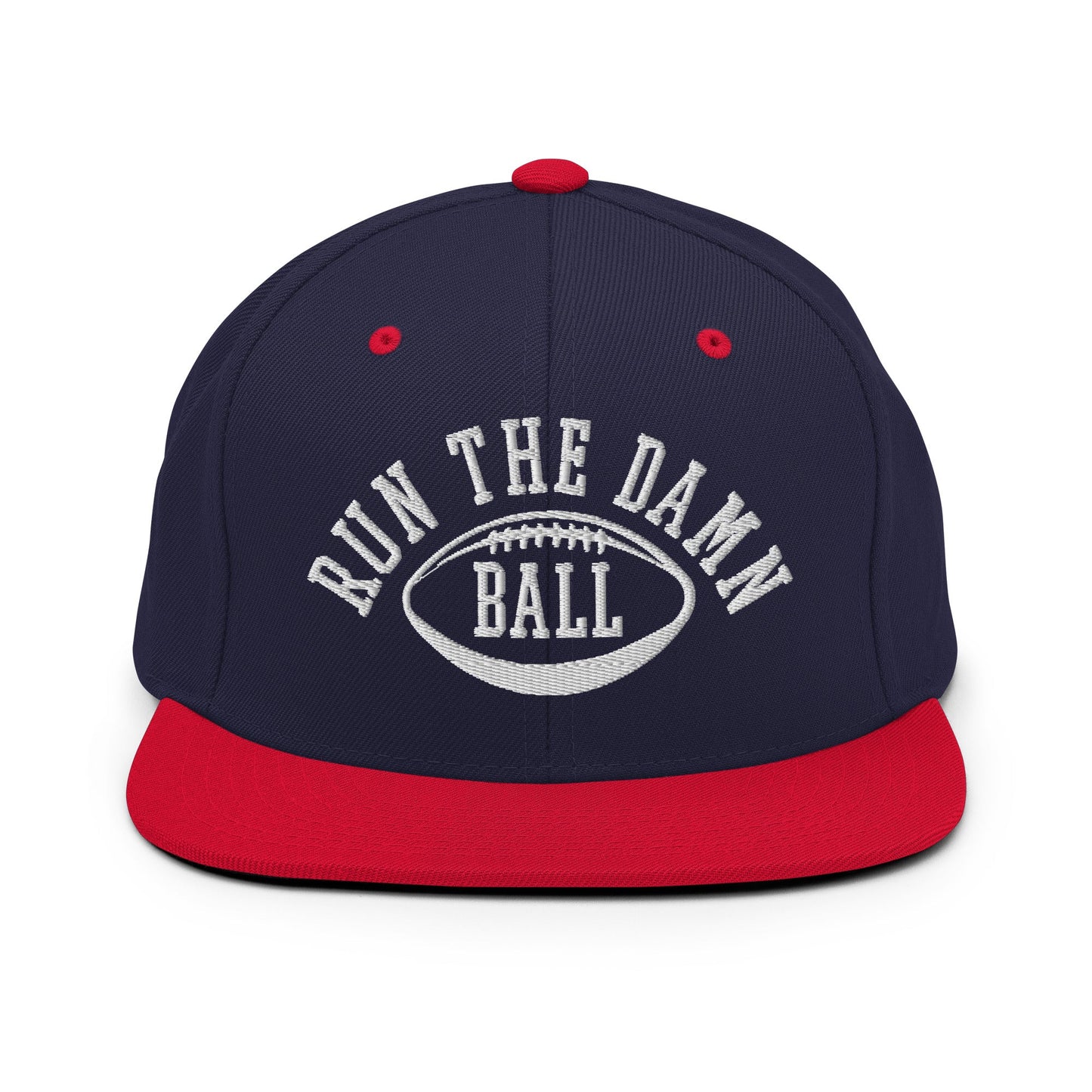 Run The Damn Ball Embroidered Flat Bill Brim Snapback Hat Navy Red