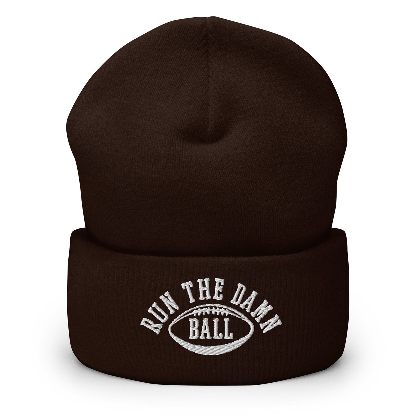 Run The Damn Ball Embroidered Knit Cuffed Beanie Brown