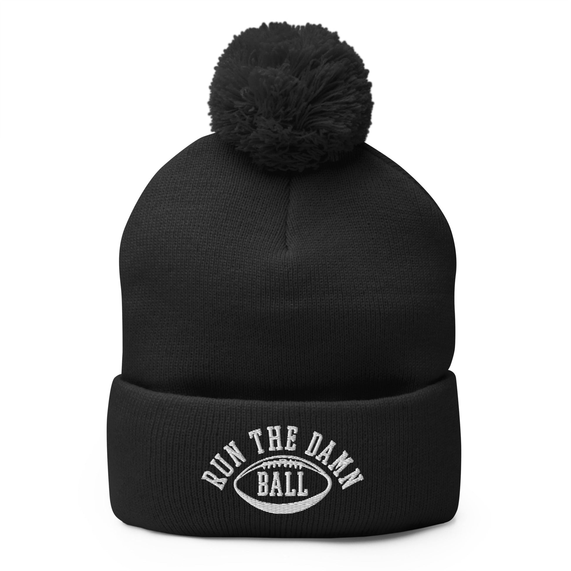 Run The Damn Ball Embroidered Knit Pom Pom Beanie Black