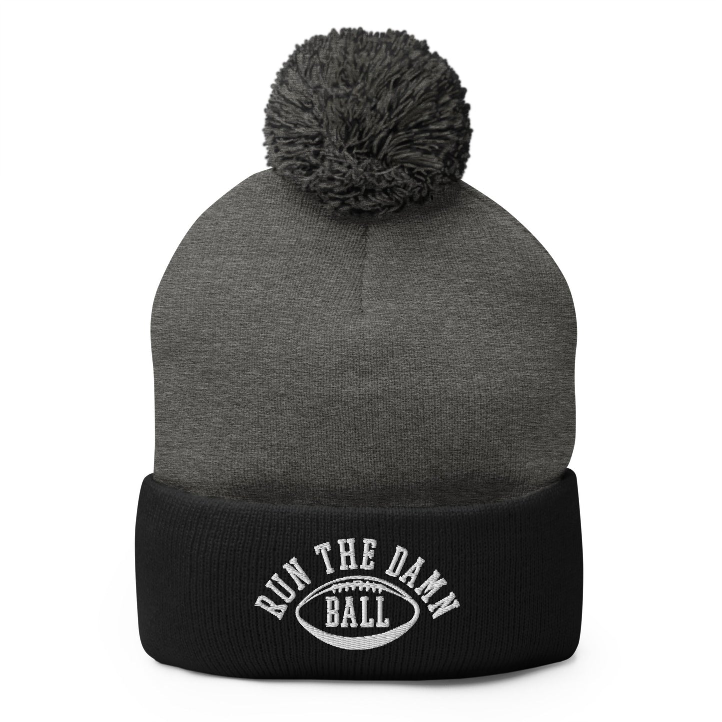 Run The Damn Ball Embroidered Knit Pom Pom Beanie Dark Heather Grey Black