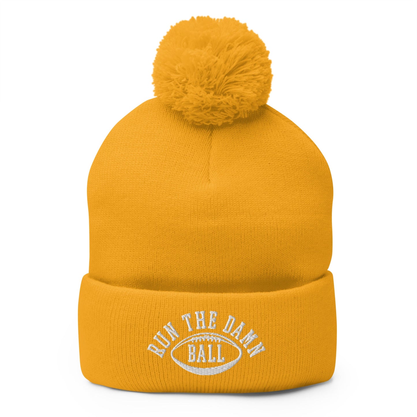 Run The Damn Ball Embroidered Knit Pom Pom Beanie Gold