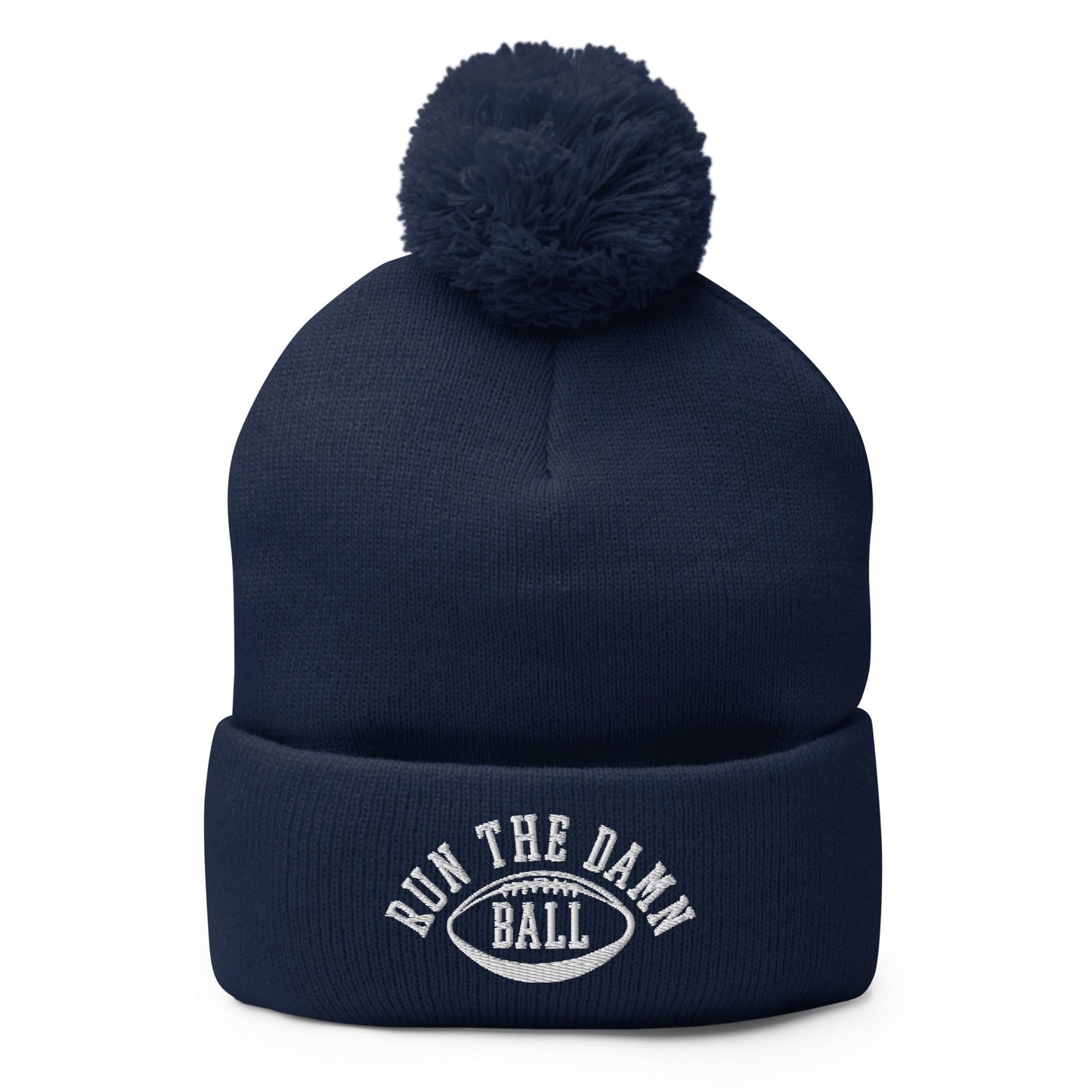 Run The Damn Ball Embroidered Knit Pom Pom Beanie Navy