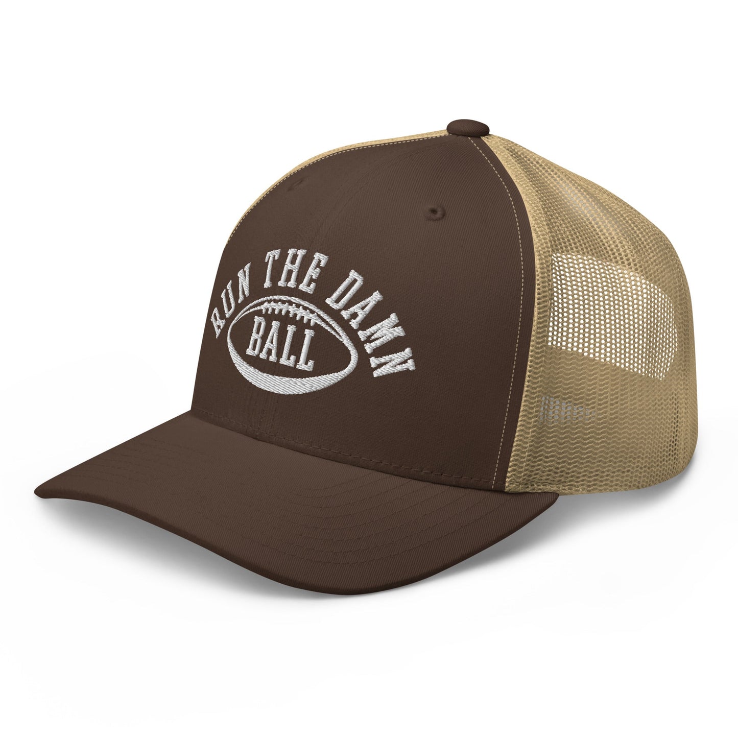 Run The Damn Ball Embroidered Mesh Trucker Hat Brown Khaki