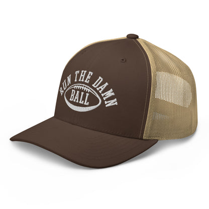 Run The Damn Ball Embroidered Mesh Trucker Hat Brown Khaki