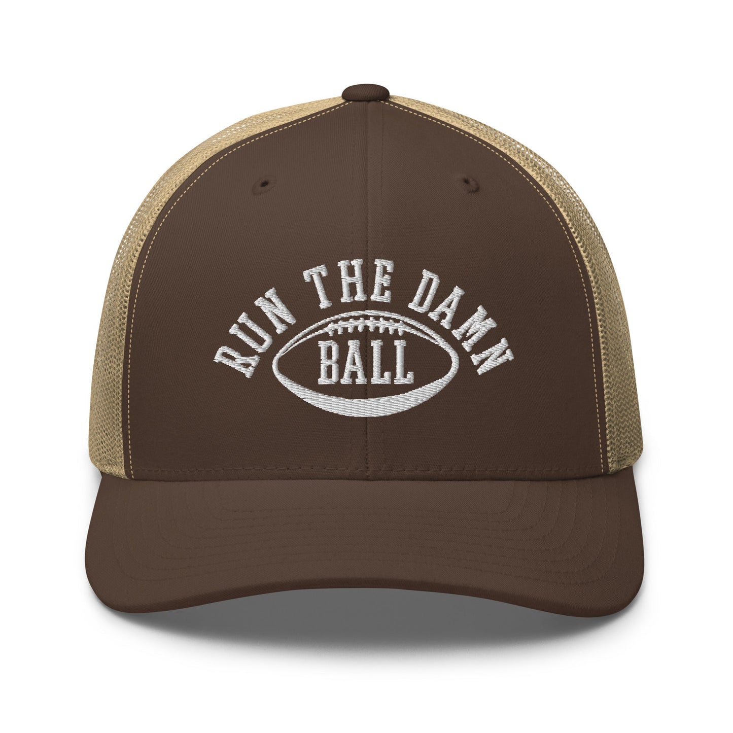 Run The Damn Ball Embroidered Mesh Trucker Hat Brown Khaki