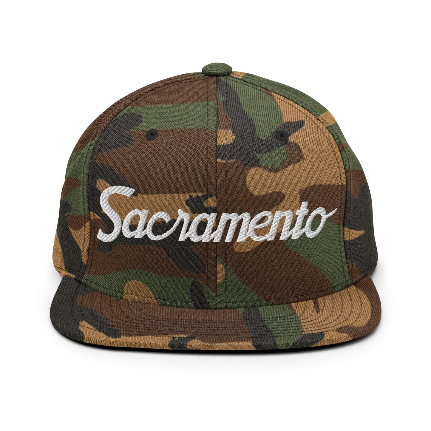 Sacramento Script Snapback Hat Green Camo