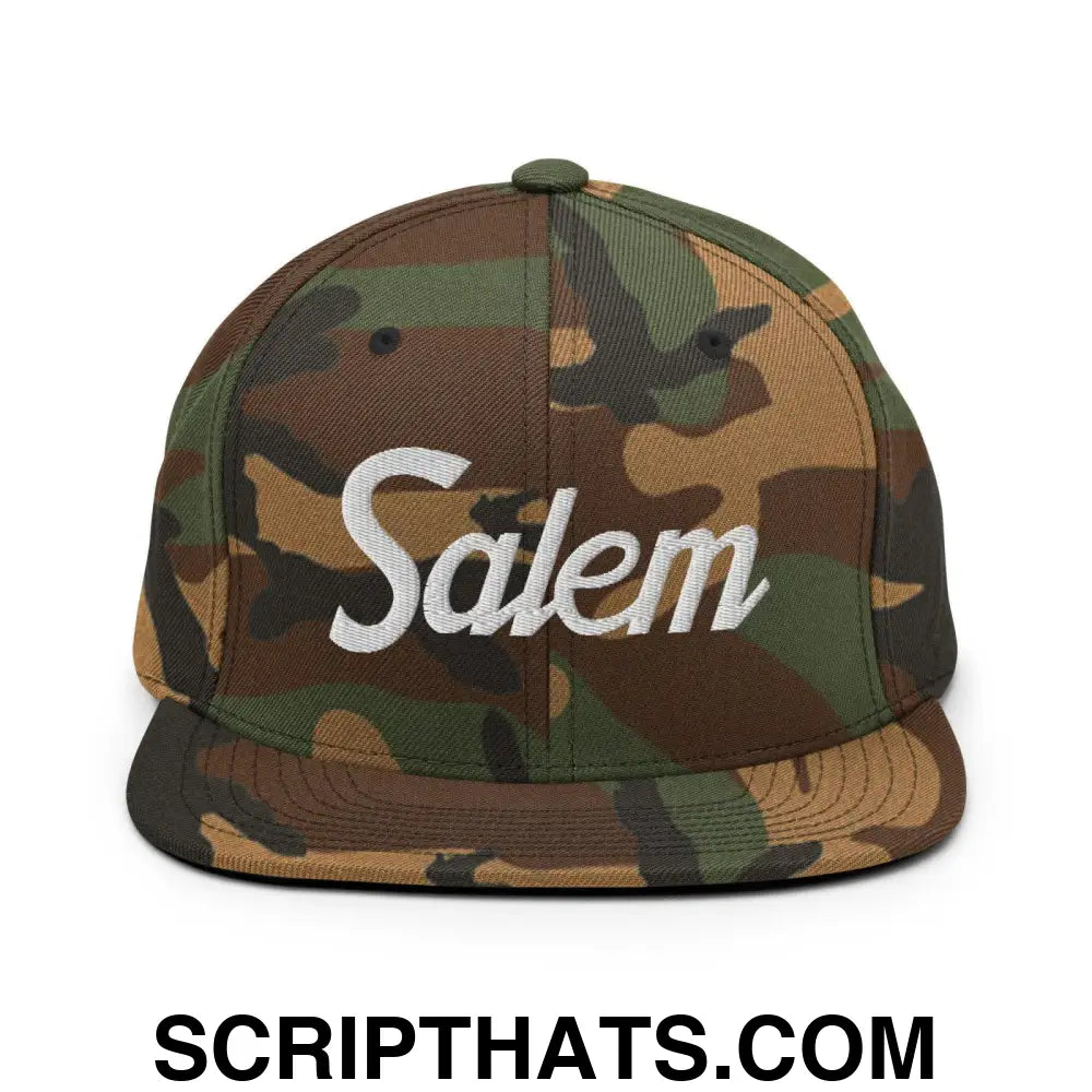 Salem Script Snapback Hat Green Camo