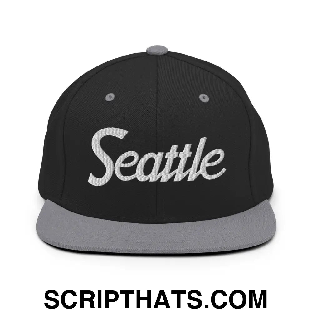 Seattle Script Snapback Hat Black Silver