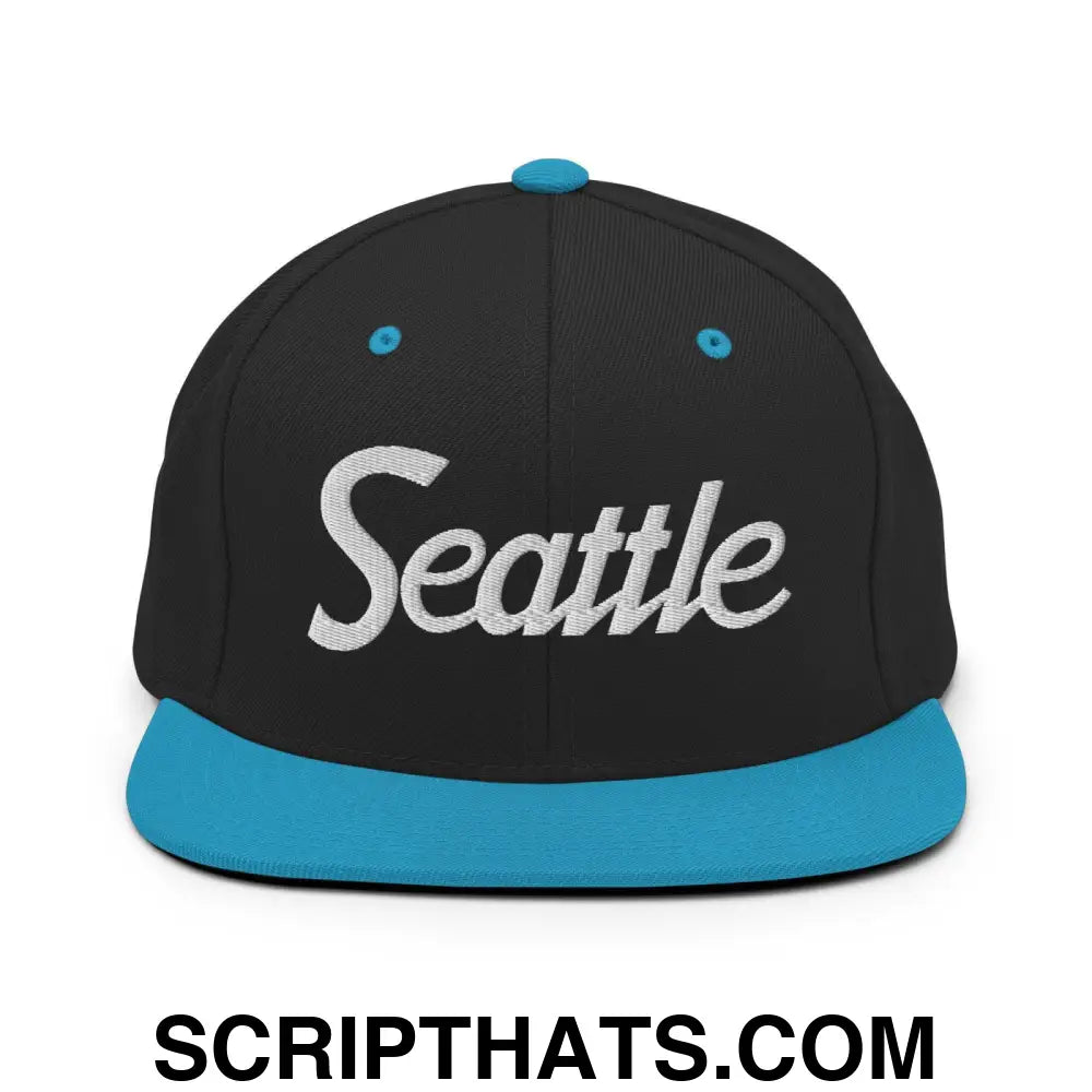 Seattle Script Snapback Hat Black Teal