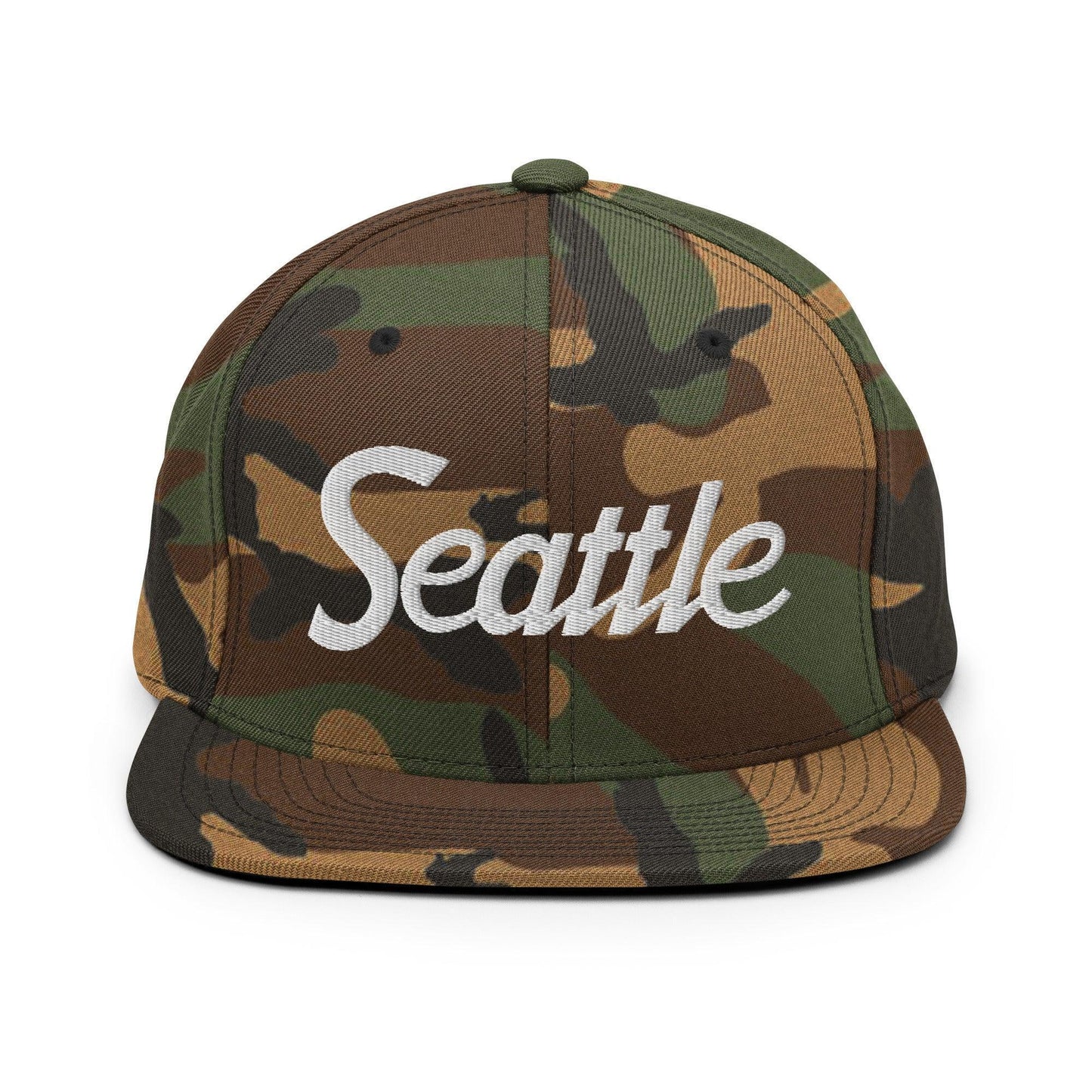 Seattle Script Snapback Hat Green Camo