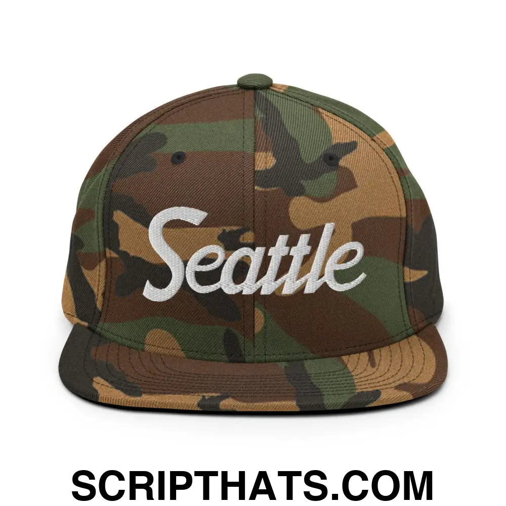 Seattle Script Snapback Hat Green Camo