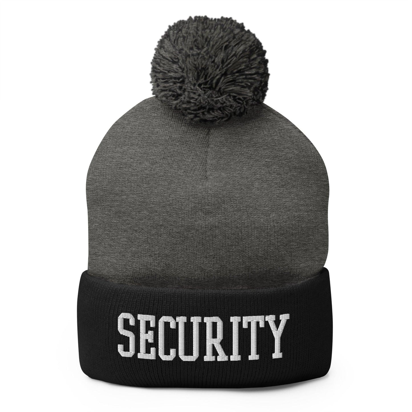 Security Uniform Work Block Embroidered Knit Pom Pom Beanie Dark Heather Grey Black