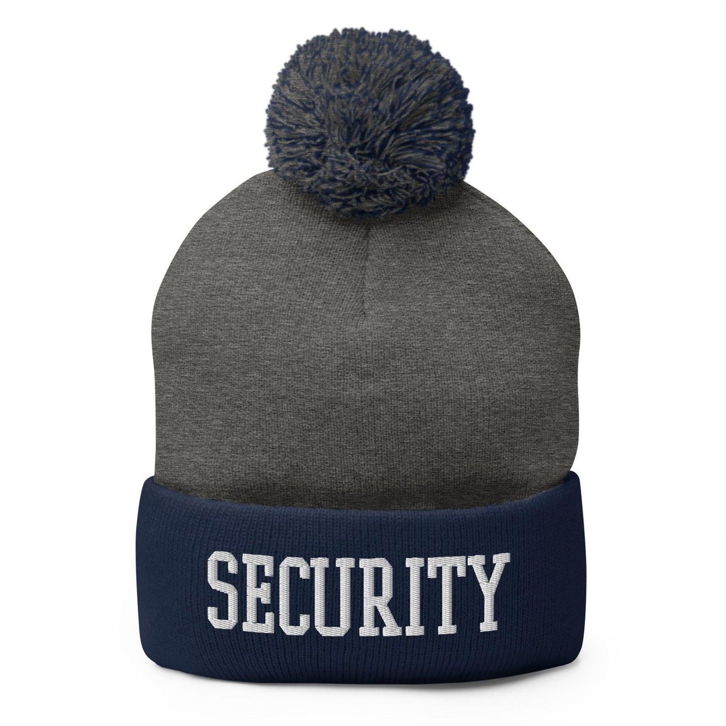 Security Uniform Work Block Embroidered Knit Pom Pom Beanie Dark Heather Grey Navy