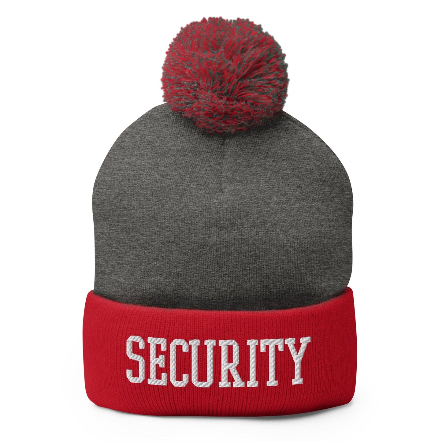 Security Uniform Work Block Embroidered Knit Pom Pom Beanie Dark Heather Grey Red