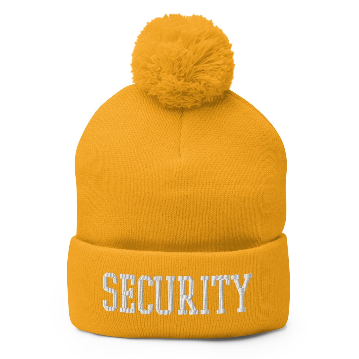 Security Uniform Work Block Embroidered Knit Pom Pom Beanie Gold