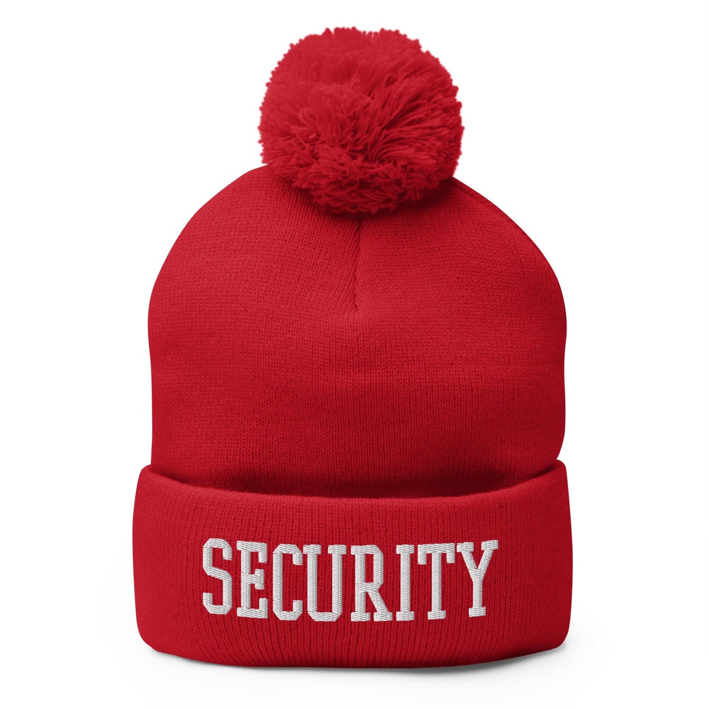 Security Uniform Work Block Embroidered Knit Pom Pom Beanie Red