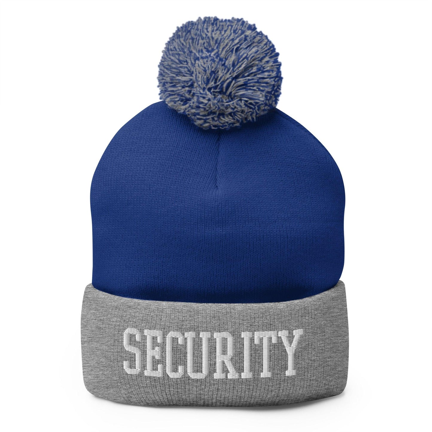 Security Uniform Work Block Embroidered Knit Pom Pom Beanie Royal Heather Grey