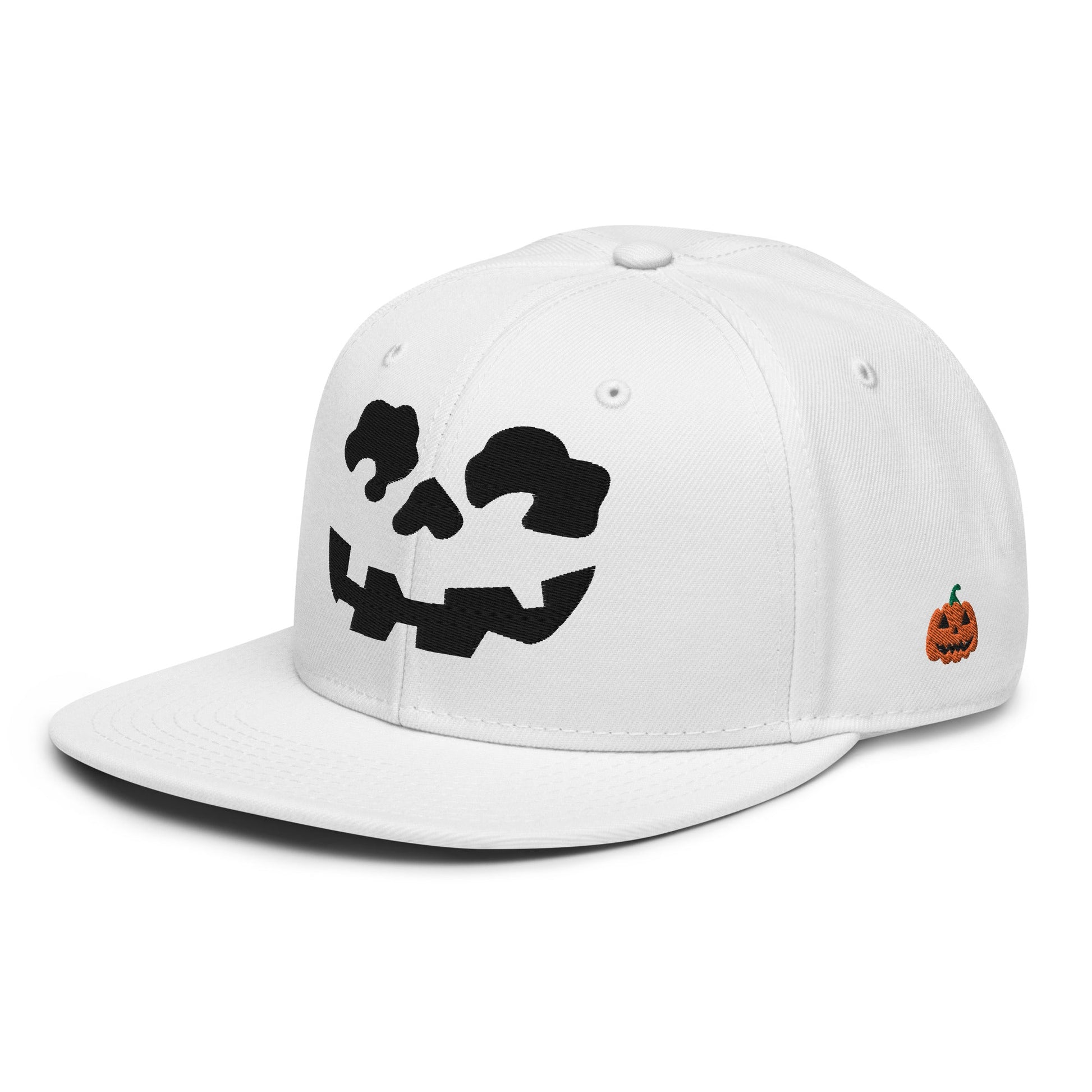 Skeleton Skull Halloween Embroidered Flat Bill Brim High Crown Snapback Hat White