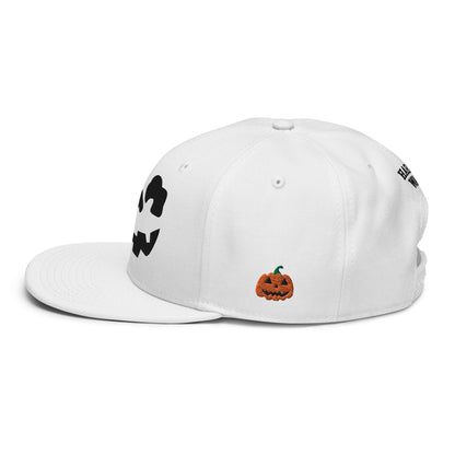 Skeleton Skull Halloween Embroidered Flat Bill Brim High Crown Snapback Hat White