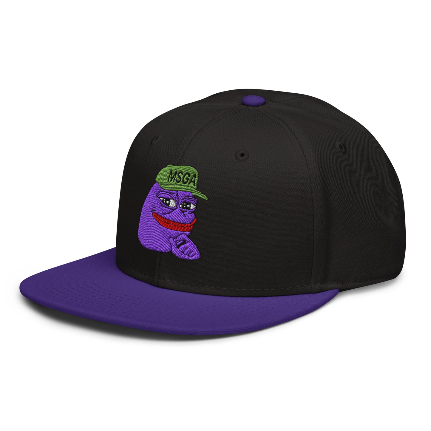 $PURPE Purple Pepe Embroidered Flat Bill Brim Snapback Hat Purple Black Black