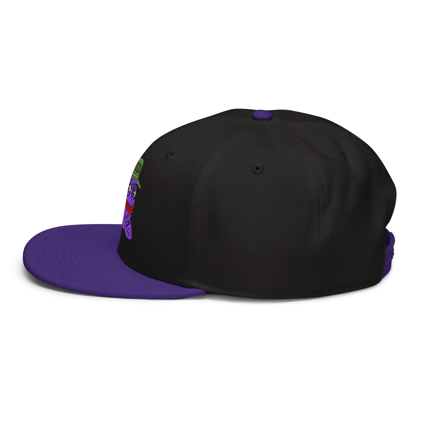 $PURPE Purple Pepe Embroidered Flat Bill Brim Snapback Hat Purple Black Black