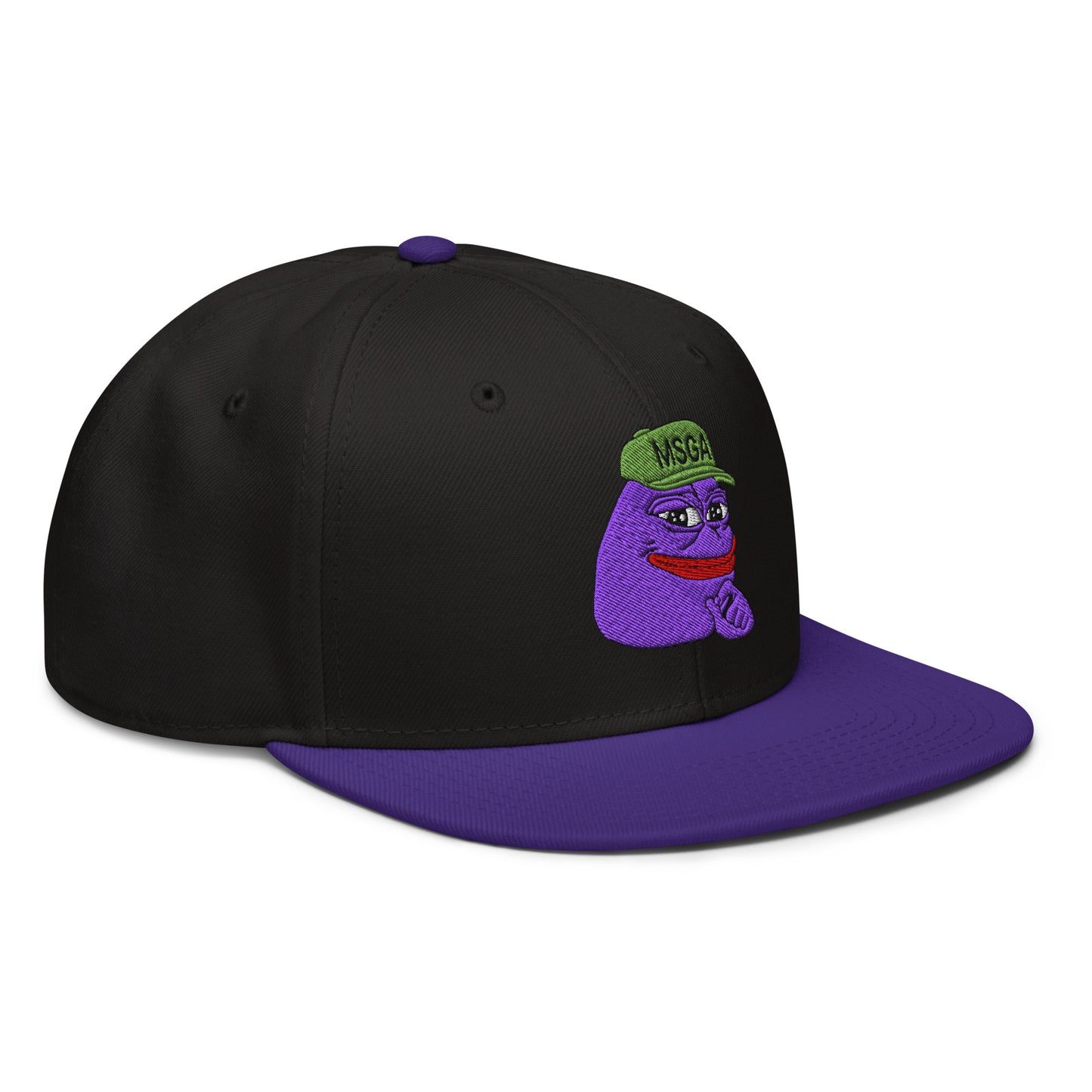 $PURPE Purple Pepe Embroidered Flat Bill Brim Snapback Hat Purple Black Black