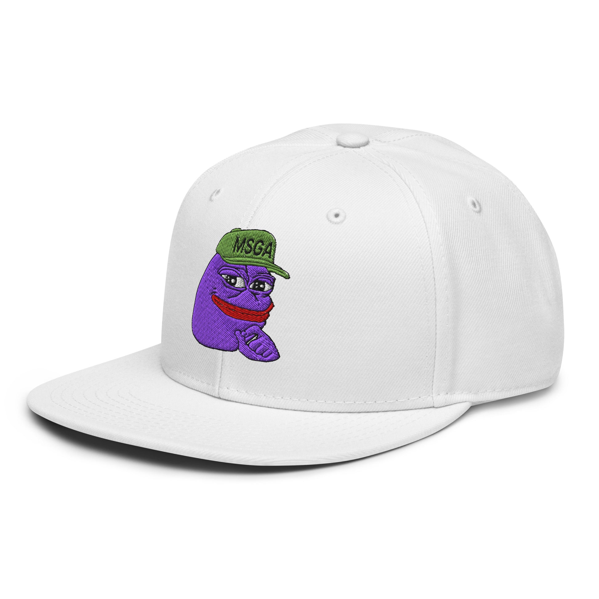 $PURPE Purple Pepe Embroidered Flat Bill Brim Snapback Hat White