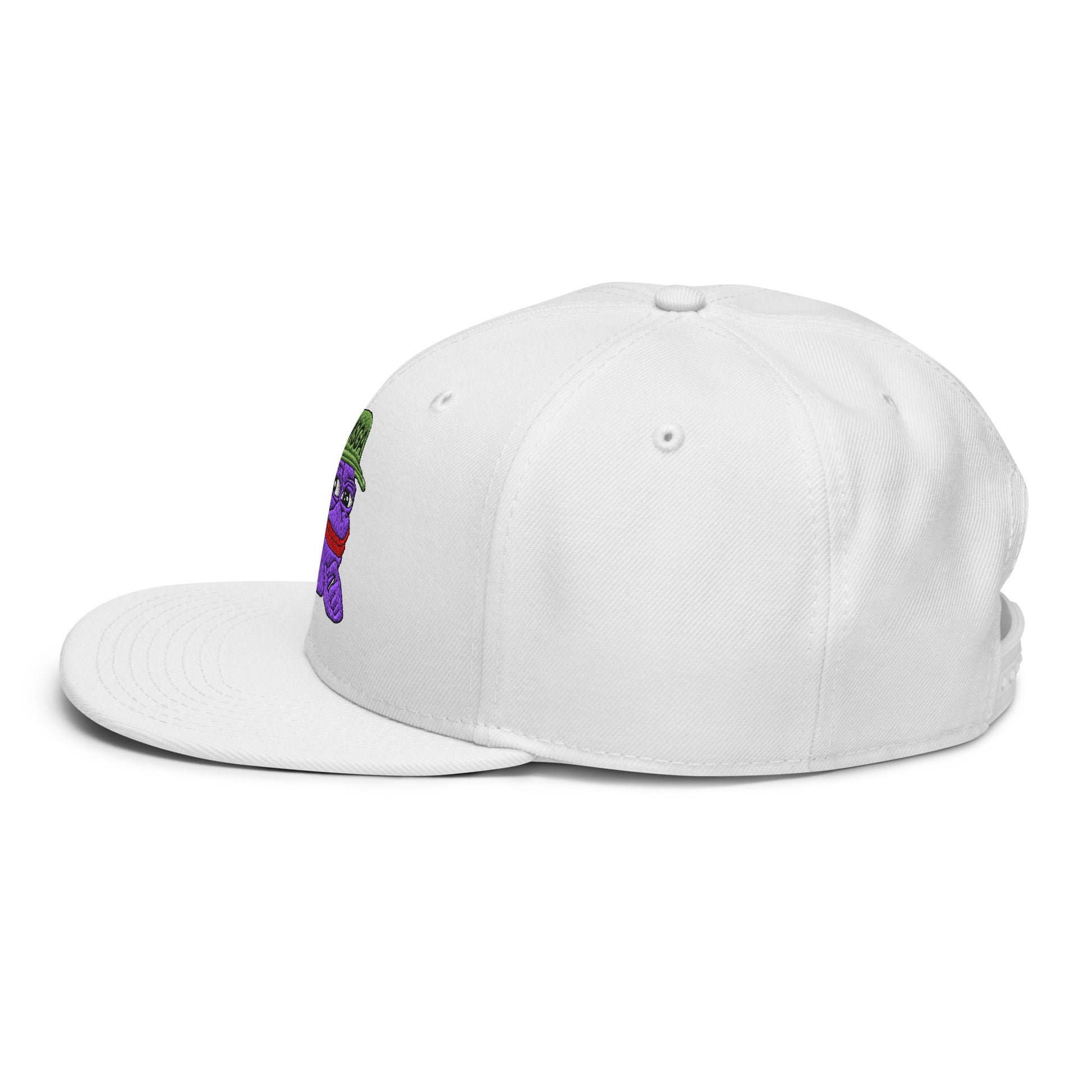 $PURPE Purple Pepe Embroidered Flat Bill Brim Snapback Hat White