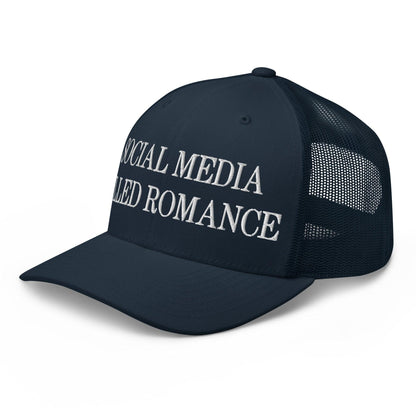 Social Media Killed Romance Embroidered Mesh Trucker Hat Navy