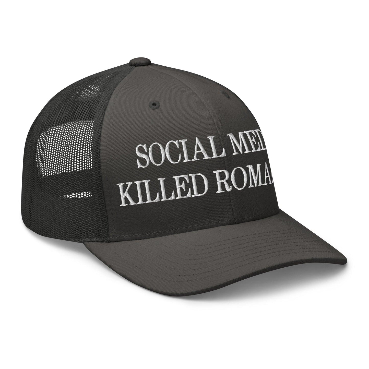 Social Media Killed Romance Embroidered Mesh Trucker Hat Charcoal