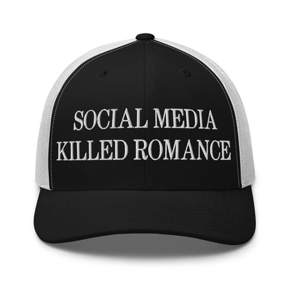 Social Media Killed Romance Embroidered Mesh Trucker Hat Black White