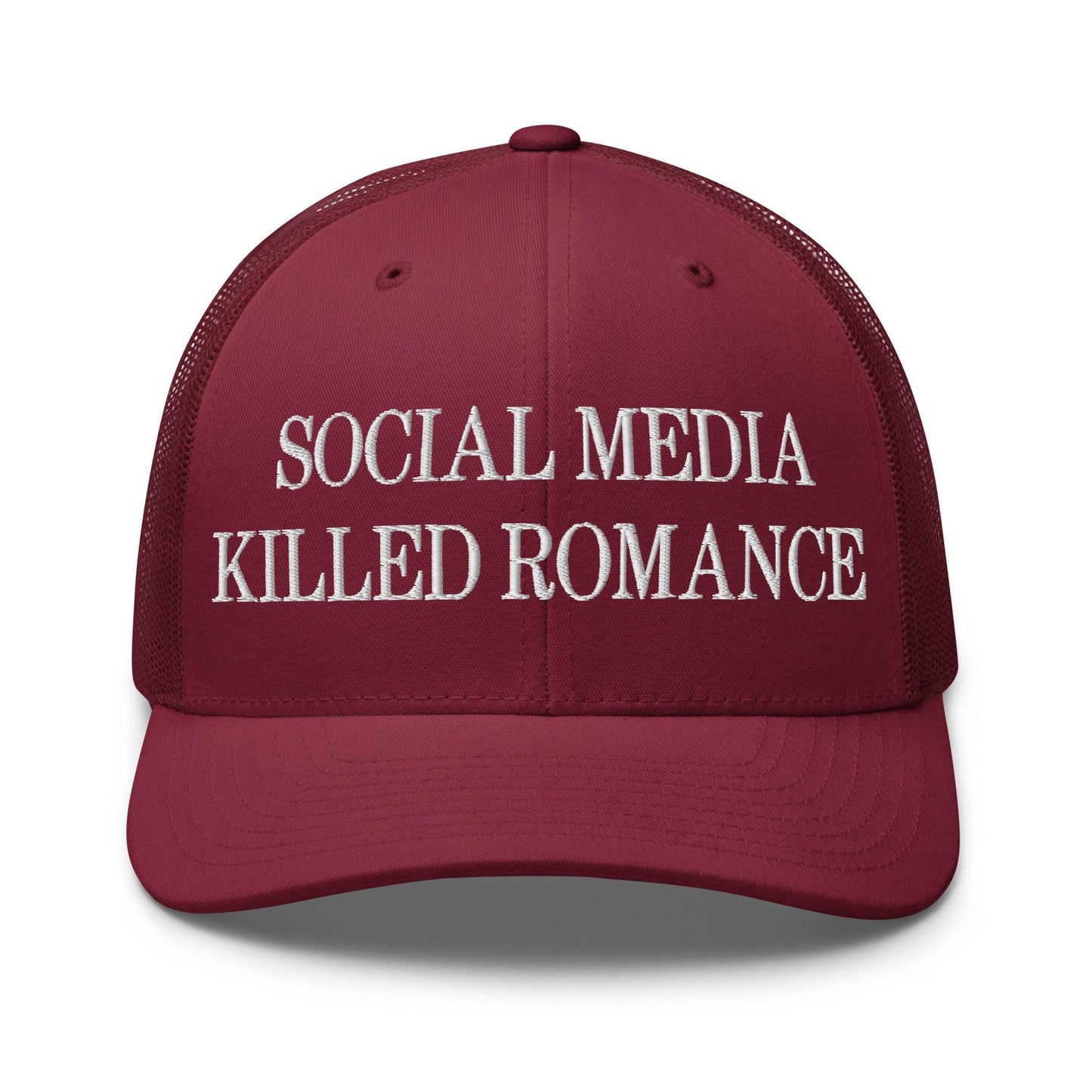 Social Media Killed Romance Embroidered Mesh Trucker Hat Cranberry