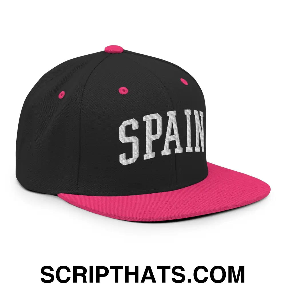 Spain Letterman Varsity Block Snapback Hat Black Neon Pink