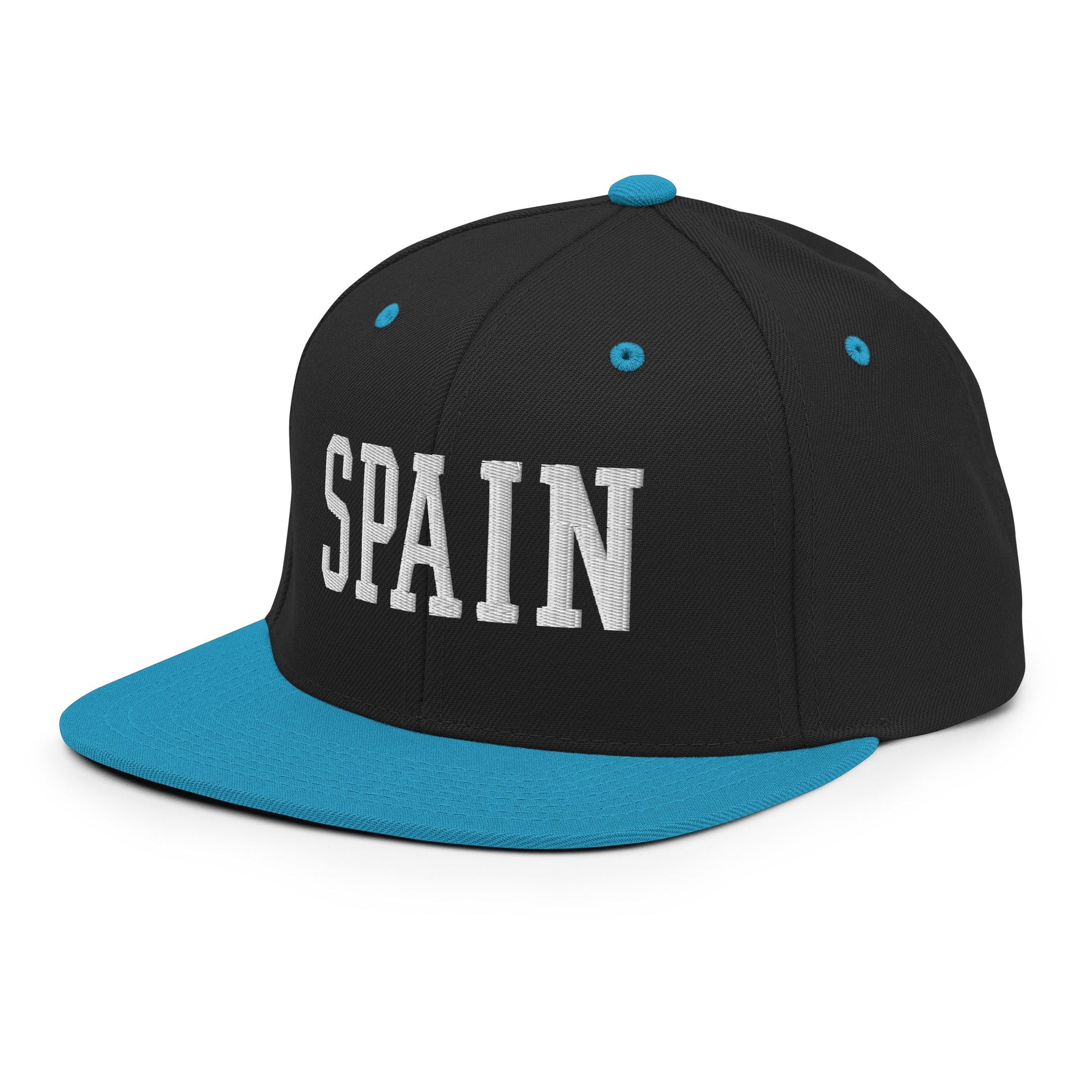 Spain Varsity Letterman Block Snapback Hat Black Teal