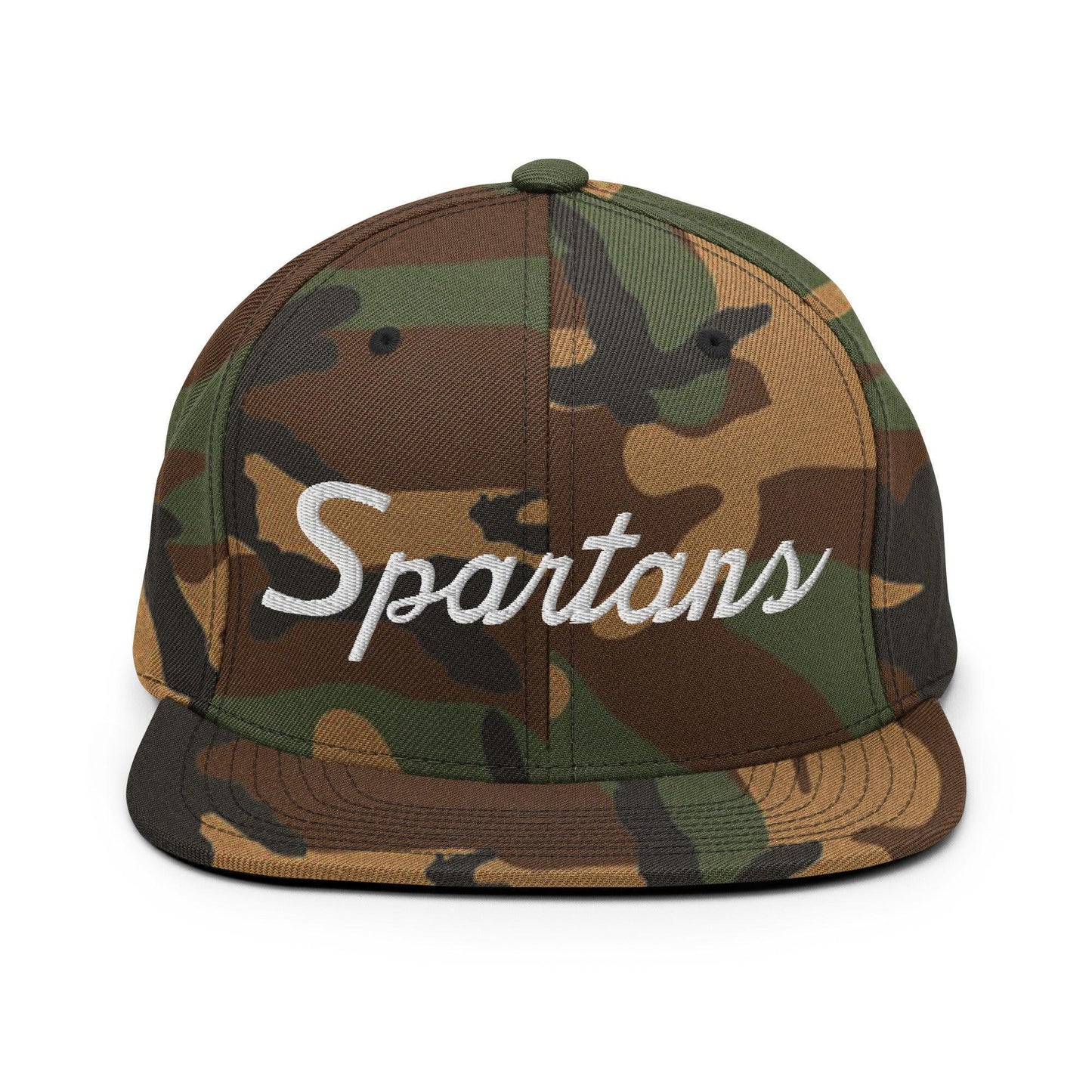 Spartans School Mascot Script Snapback Hat Green Camo