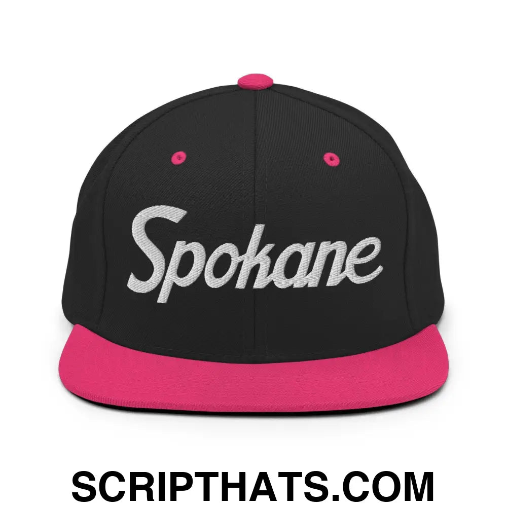 Spokane Script Snapback Hat Black Neon Pink