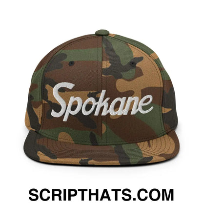 Spokane Script Snapback Hat Green Camo