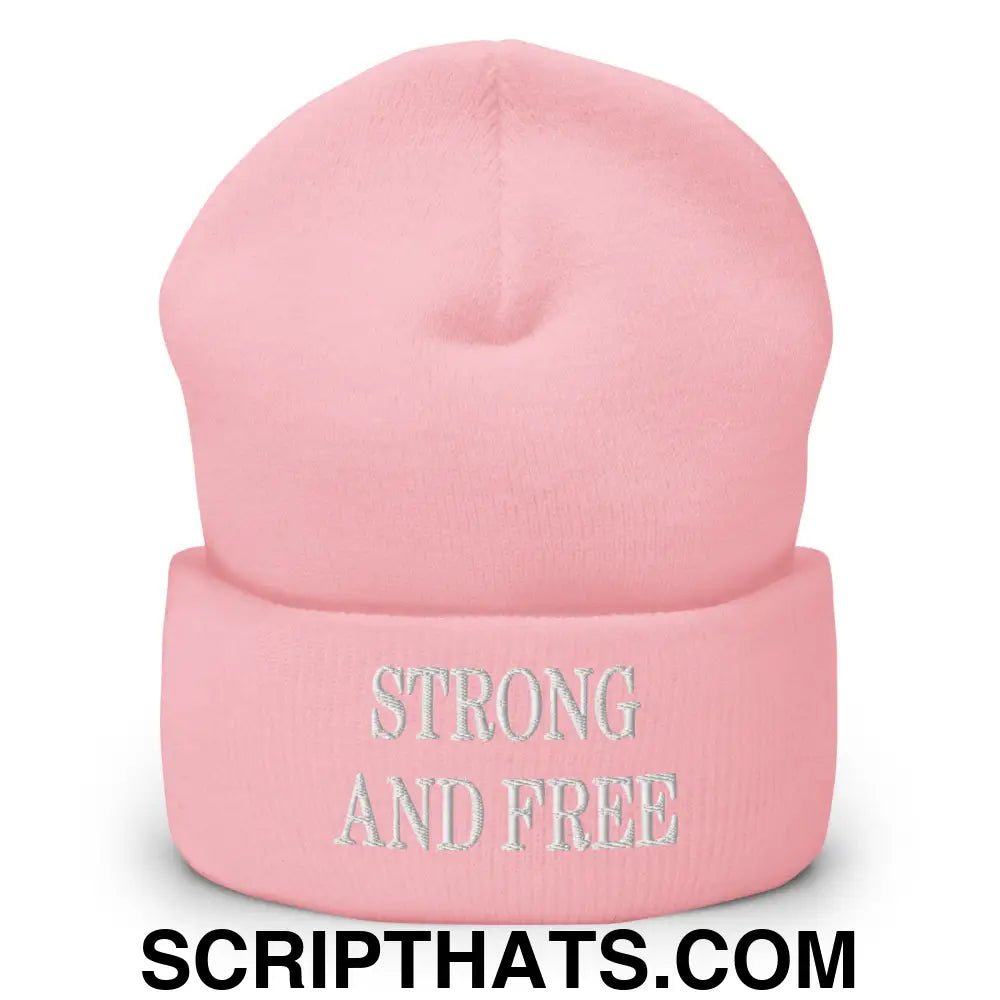 Strong and Free Embroidered Knit Cuffed Beanie Baby Pink