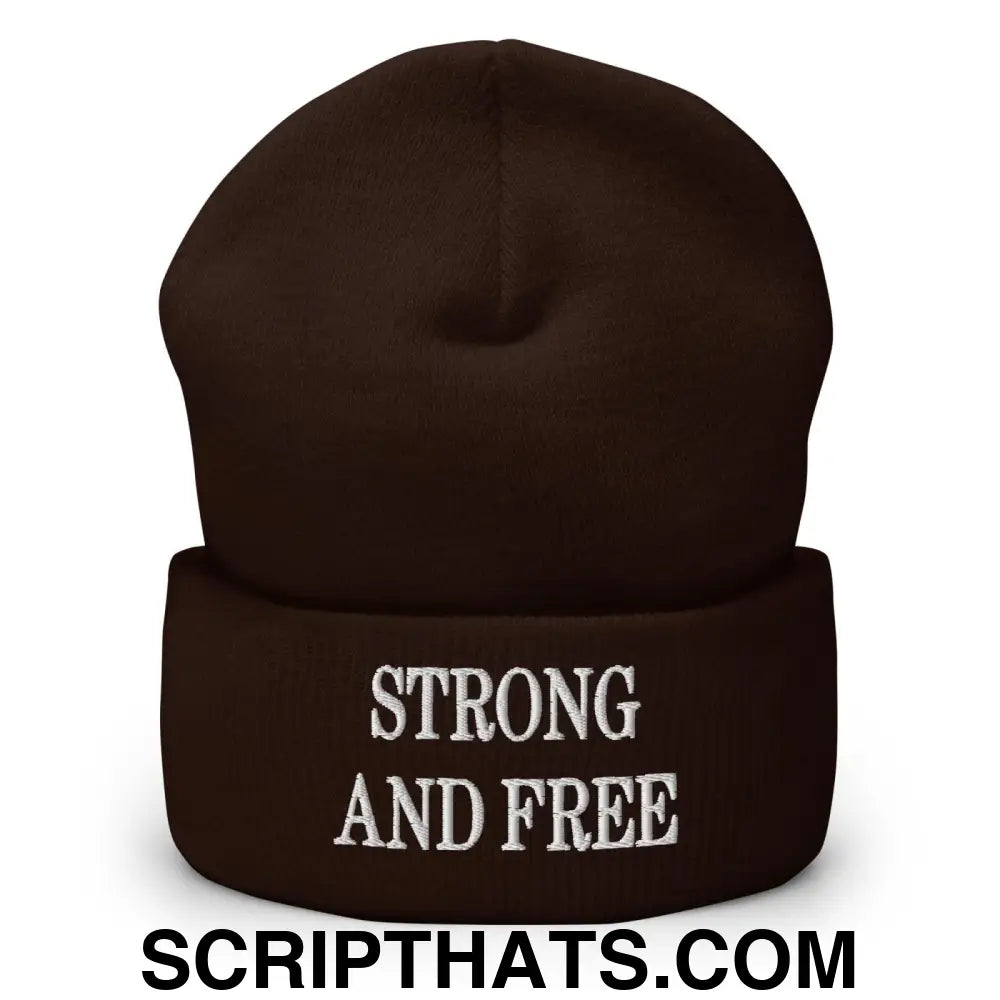 Strong and Free Embroidered Knit Cuffed Beanie Brown