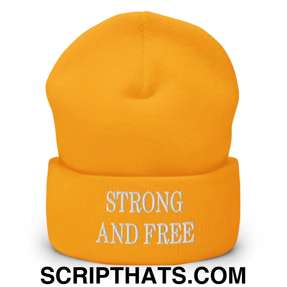 Strong and Free Embroidered Knit Cuffed Beanie Gold