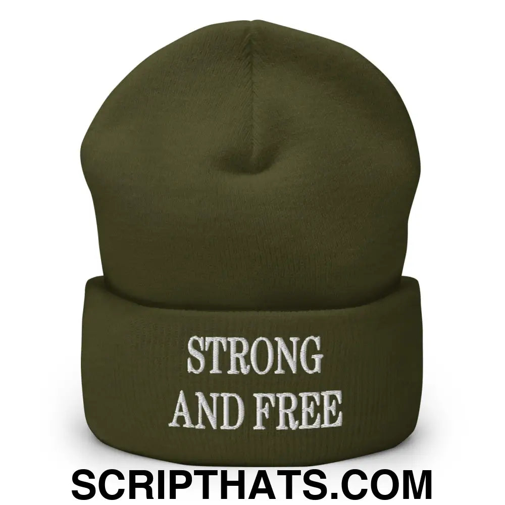 Strong and Free Embroidered Knit Cuffed Beanie Olive