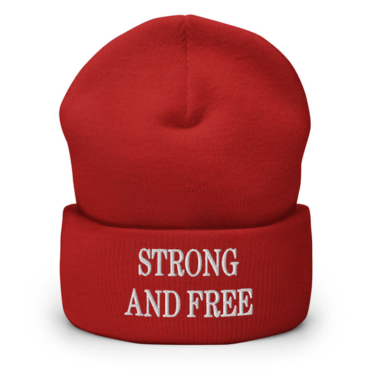 Strong and Free Embroidered Knit Cuffed Beanie Red