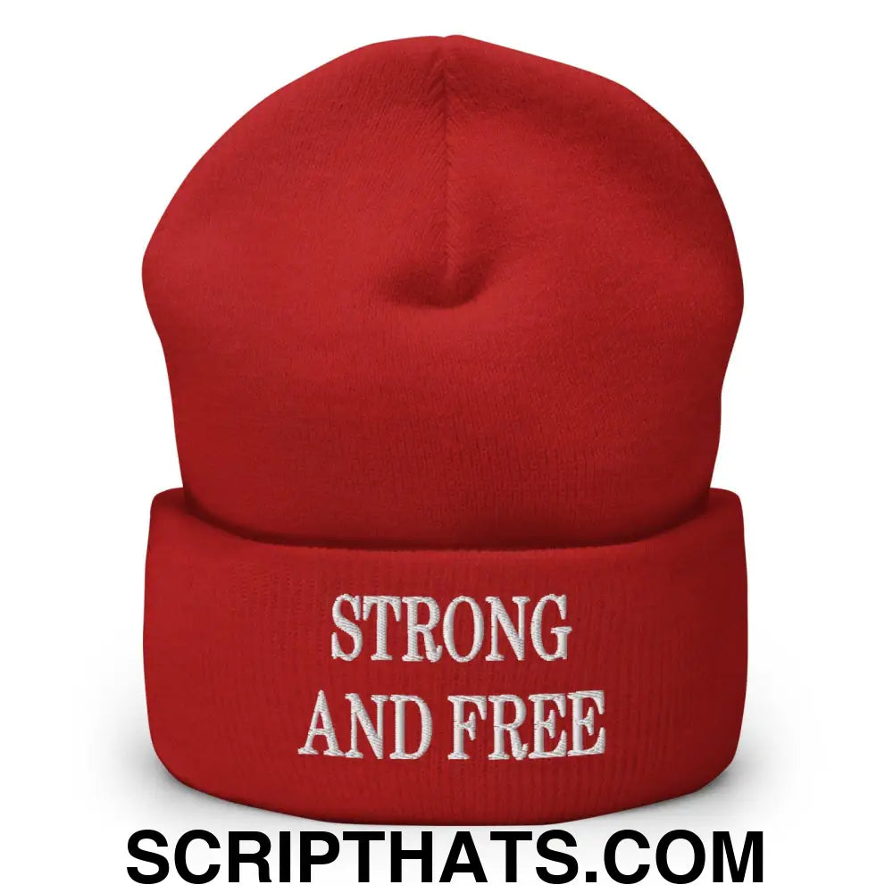 Strong and Free Embroidered Knit Cuffed Beanie Red