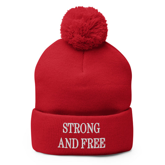 Strong and Free Embroidered Knit Pom Pom Beanie Red