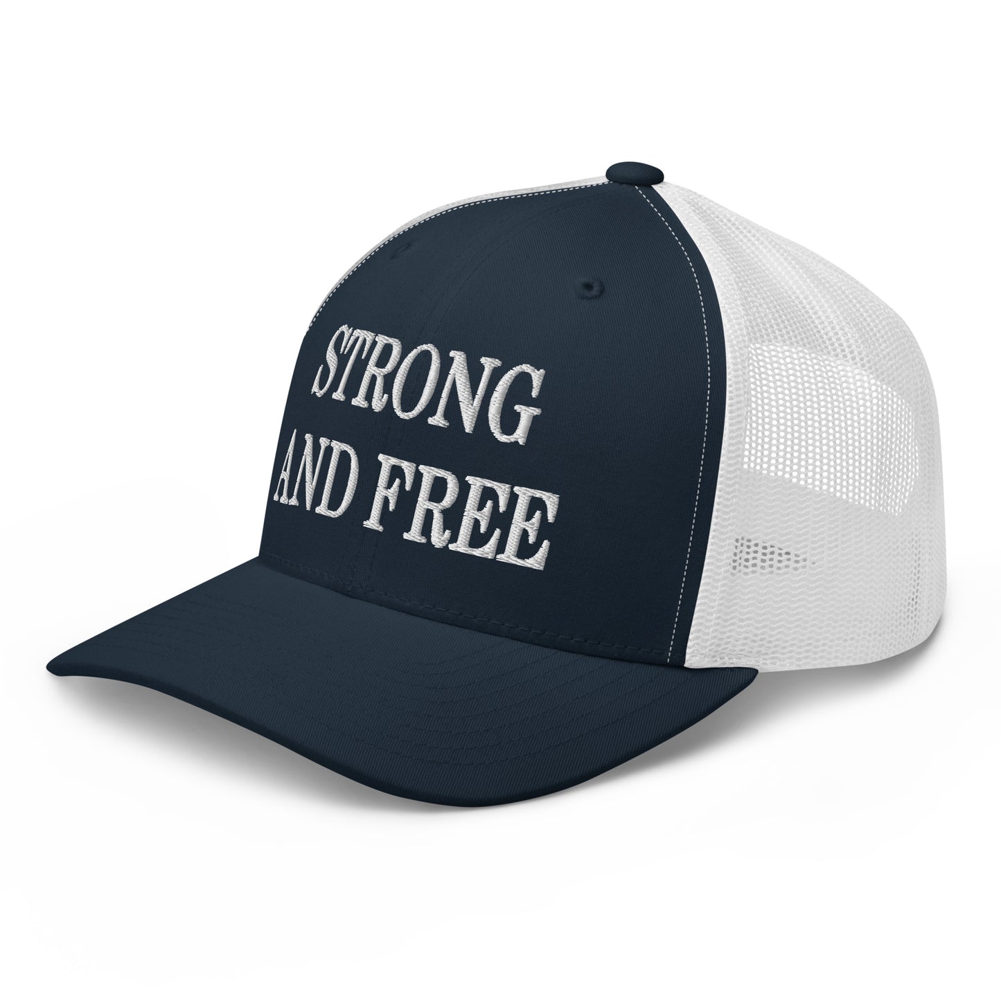 Strong and Free Embroidered Mesh Trucker Hat Navy White